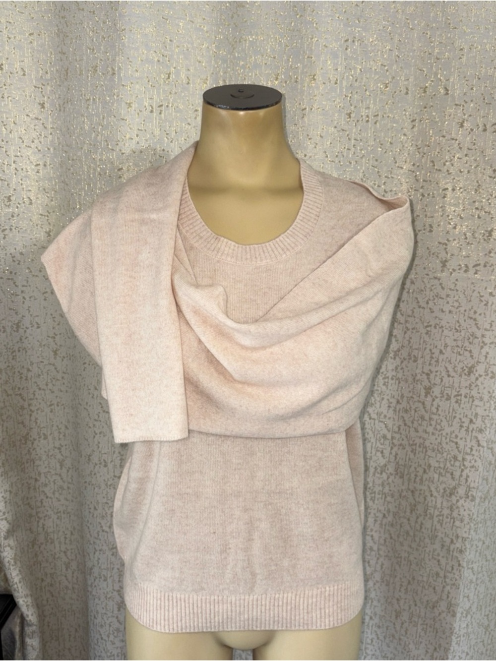 Magaschoni beige cashmere short sleeve sweater with scarf, NWT, medium